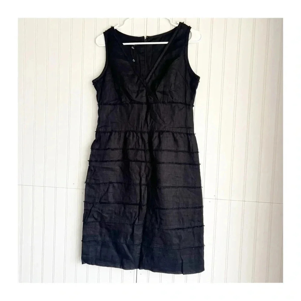 Talbots Size 6 Black 100% Linen Sleeveless Surplice Fringe Trim  Dress NEW!